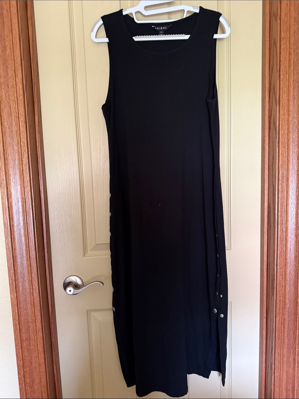 Tribal Black Sleeveless Maxi Dress with Side Button Detail